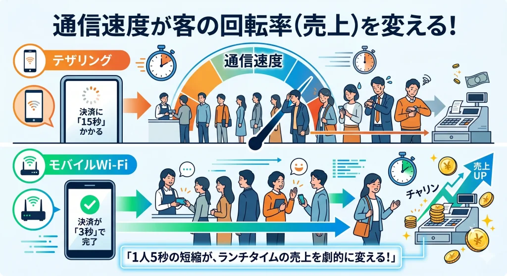 バイルWi-Fi導入による決済スピード向上とキッチンカーの回転率アップの比較図