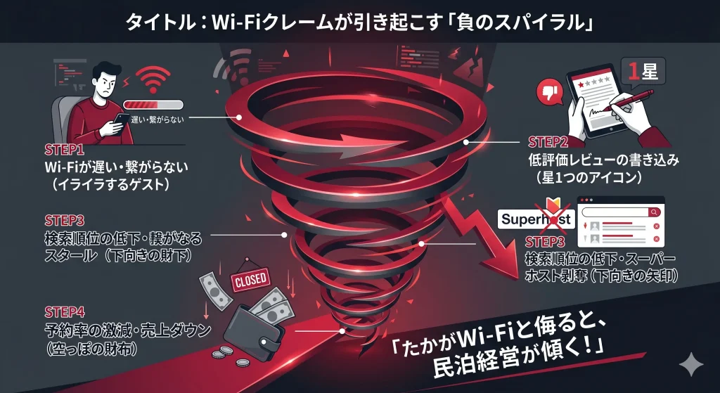民泊におけるWi-Fiの遅さが低評価レビューと売上減少を引き起こす負のスパイラル
