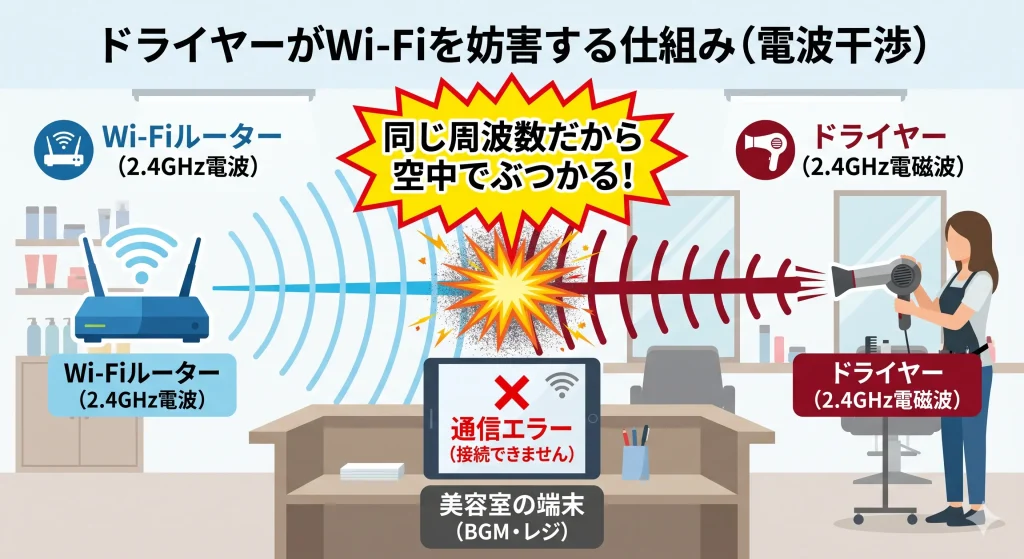 ドライヤーの電磁波とWi-Fiの2.4GHz帯が干渉して通信エラーが起きる仕組み