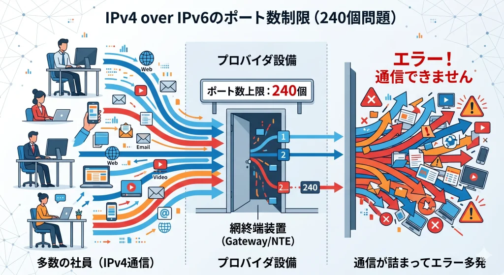 法人のIPv6導入で注意すべきポート数制限（セッション枯渇）の図解