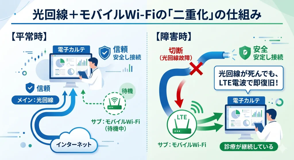 クリニックにおける光回線とモバイルWi-Fiを用いたネットワーク二重化（冗長化）の仕組み