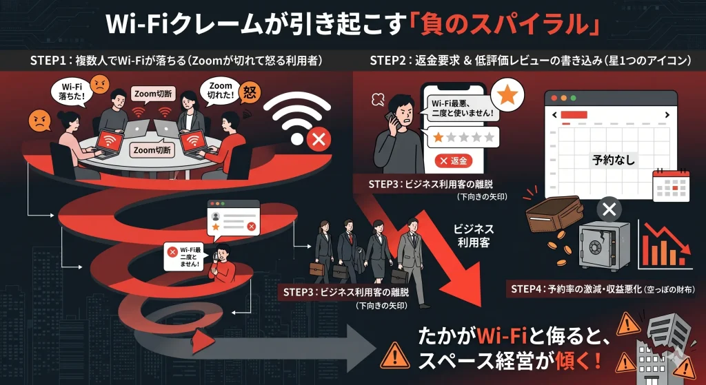 レンタルスペースにおけるWi-Fi切断が低評価レビューと収益悪化を引き起こす負のスパイラル
