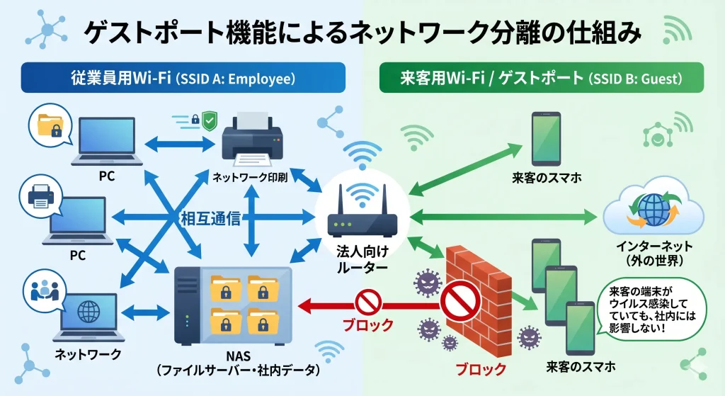 ゲストポート機能を用いて従業員用と来客用のWi-Fiネットワークを分離する仕組み