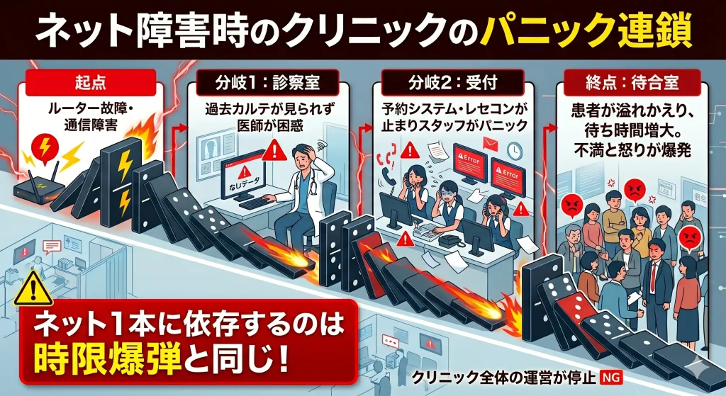 クリニックでネット障害が発生した際の電子カルテ停止と待合室パニックの連鎖図