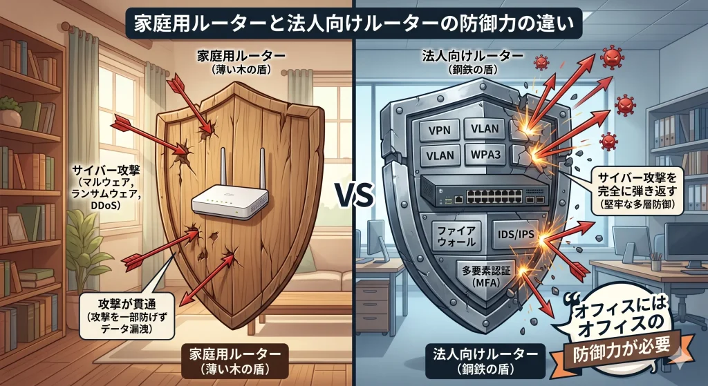 家庭用ルーターと法人向けルーターのセキュリティ防御力の違いを図解
