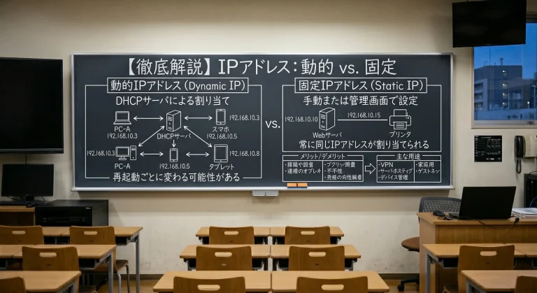 動的IPアドレスと固定IPアドレスを黒板で説明した画像