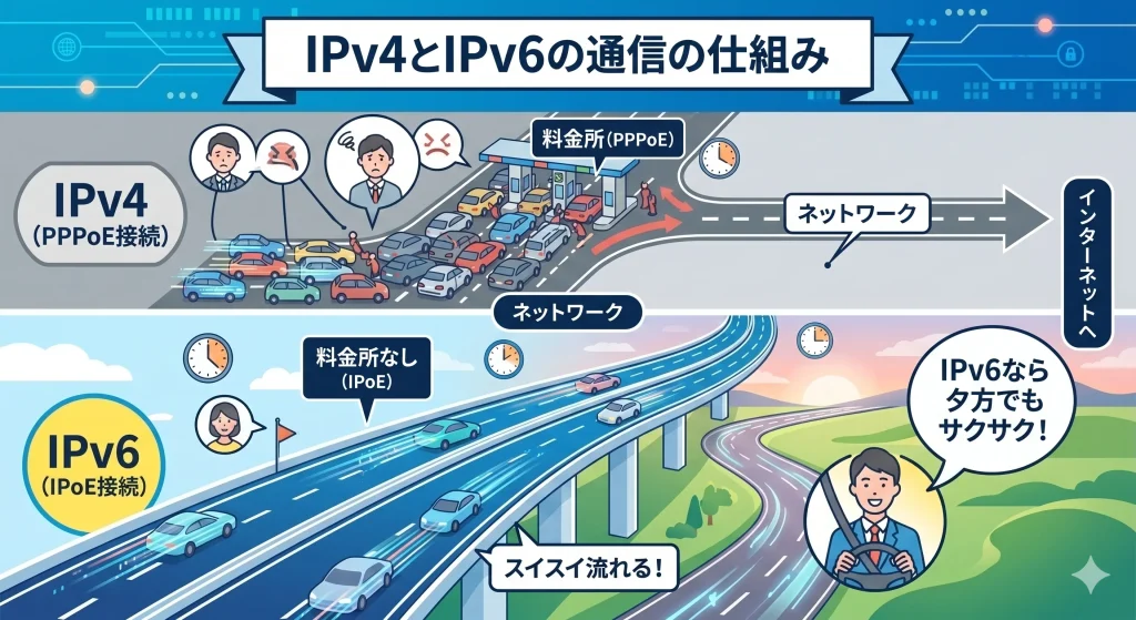IPv4の渋滞とIPv6の高速通信の仕組みを図解