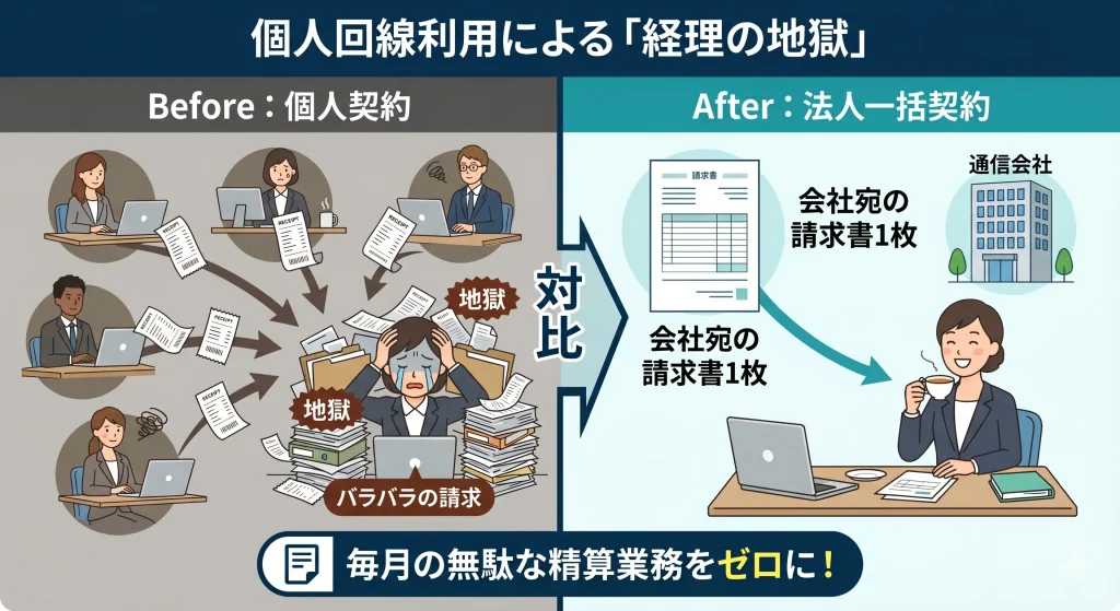 フルリモート企業における通信費の個人精算と法人一括請求の業務負担の比較図
