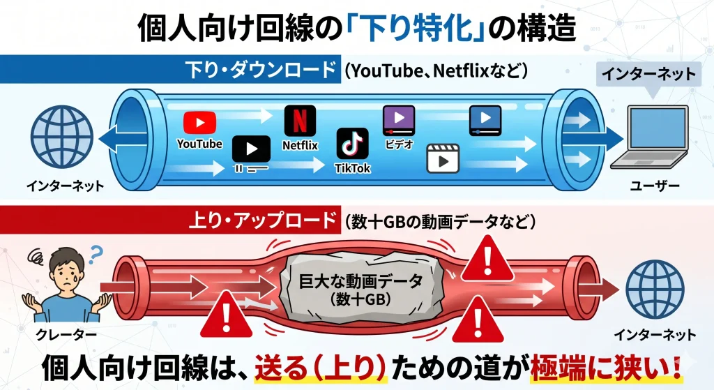 個人向け光回線における下り（ダウンロード）と上り（アップロード）の帯域幅の違いを示す図解