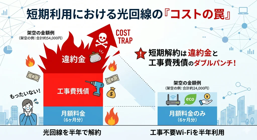 現場事務所での短期利用における光回線と工事不要Wi-Fiのトータルコスト比較