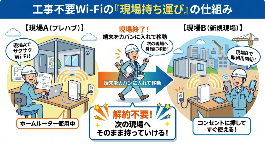 工事不要のホームルーターを複数の現場事務所で使い回すメリットの図解