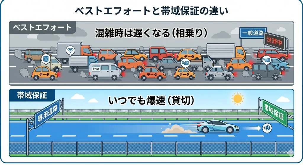 ベストエフォート型と帯域保証型の通信方式の違いを図解