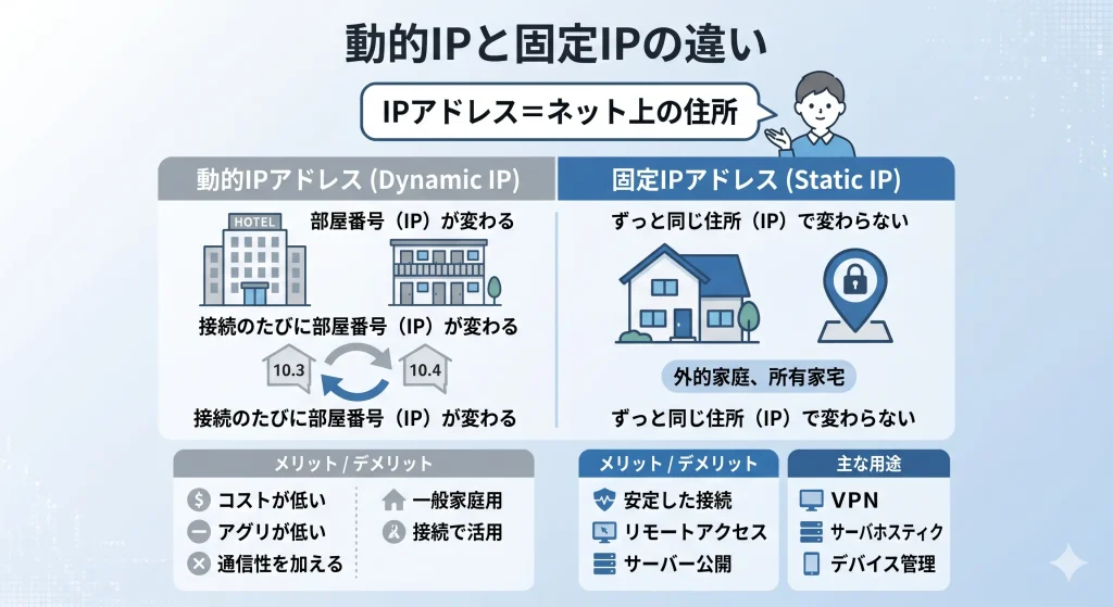 動的IPと固定IPの違いを図解した概念図