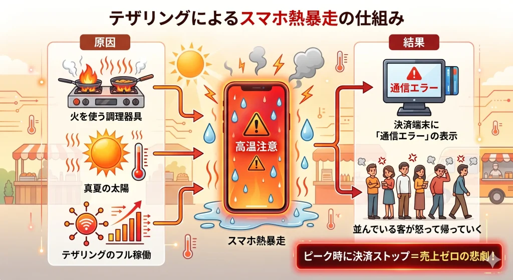 キッチンカー車内でのスマホテザリングによる熱暴走と決済エラーの仕組み