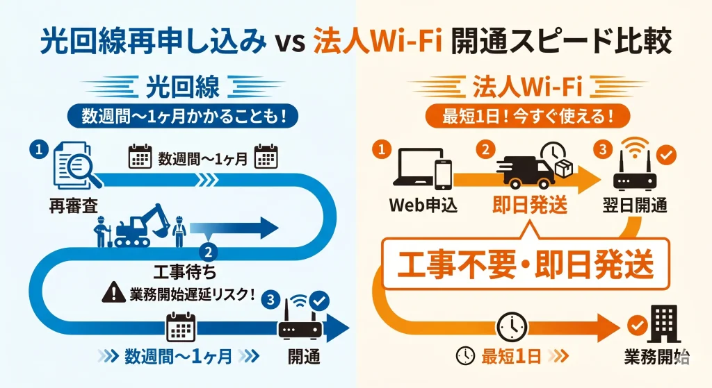 光回線の再申し込みと法人Wi-Fiの開通までの期間比較