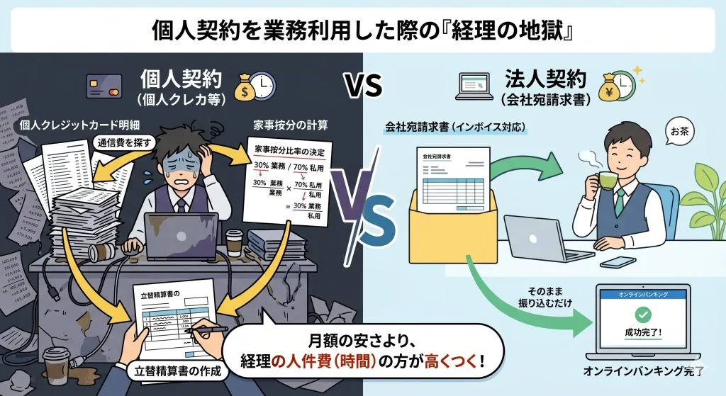 ネット回線の個人契約と法人契約における経理処理（請求書払い・立替精算）の手間の違い