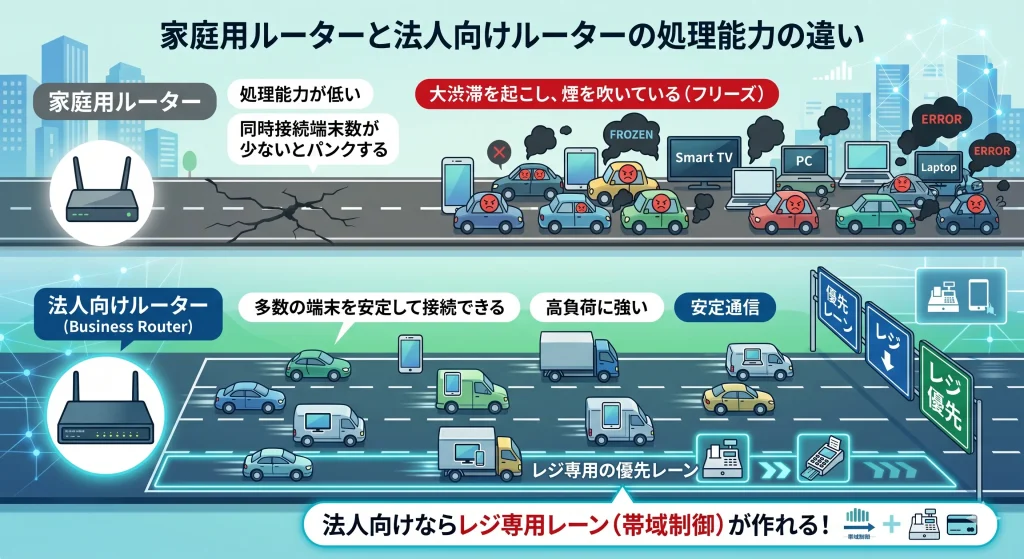 家庭用ルーターと法人向けルーターの同時接続処理能力の比較図