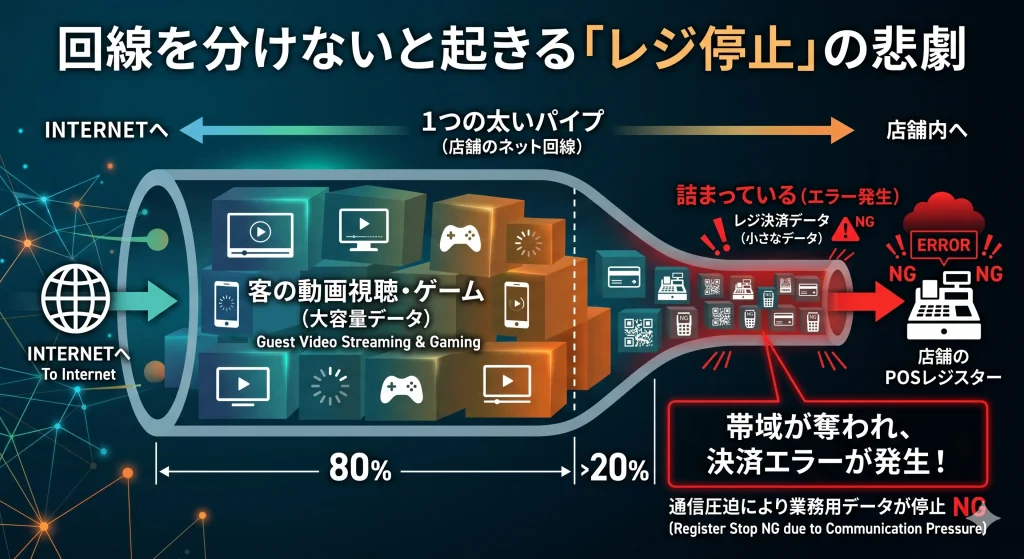 客用Wi-Fiと業務回線を分けないことで発生する通信帯域の圧迫と決済エラーの仕組み
