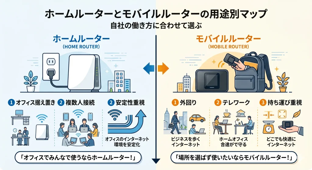 ホームルーターとモバイルルーターの用途と特徴の比較