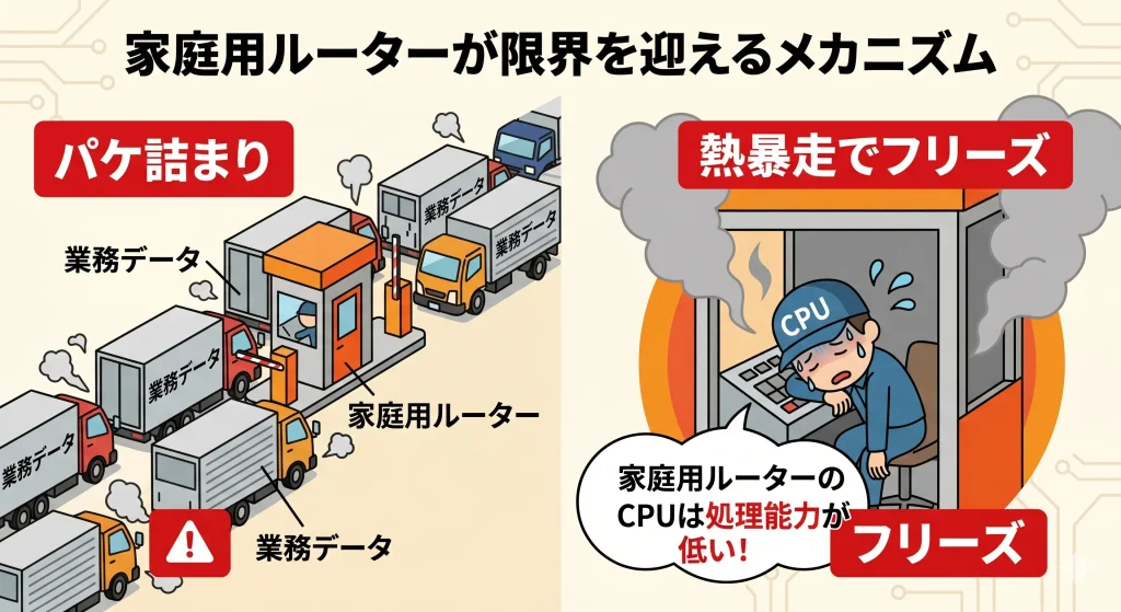 家庭用ルーターのパケ詰まりと熱暴走を図解した概念図